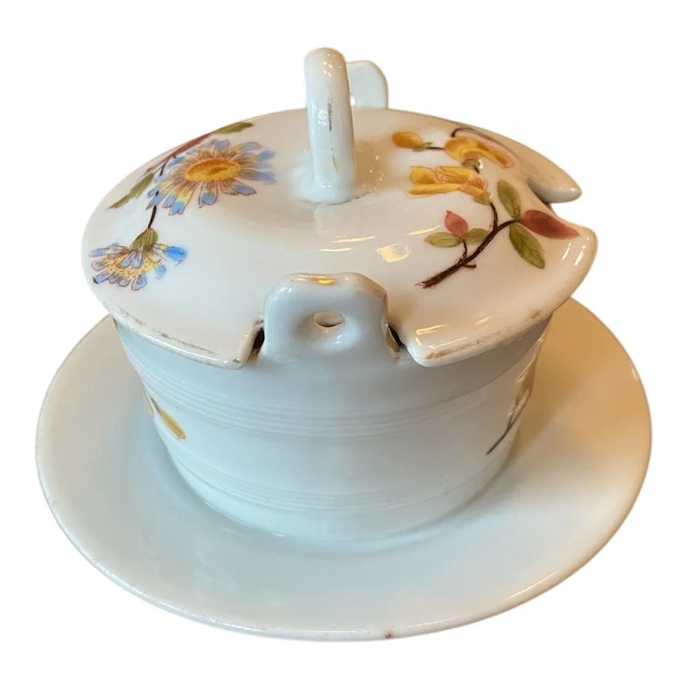 Antique Marx & Gutherz Carlsbad Austria Porcelain Sugar Bowl Lid Saucer Flower